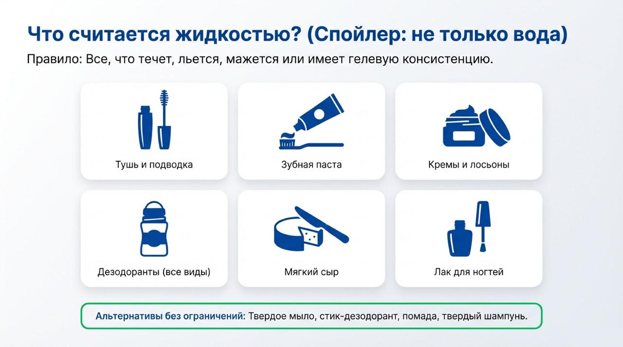 Виды жидкостей для сотрудников авиационной безопасности Что считается жидкостью в самолете