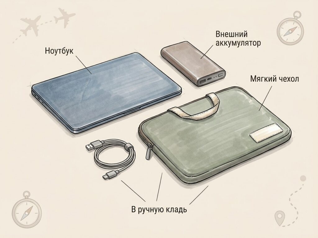 Ручная кладь с ноутбуком и батареей собрана так, чтобы быстро достать технику на досмотре