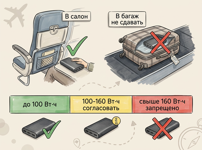 Где держать литиевые батареи в самолете Внешний аккумулятор (пауэрбанк) возле пассажира в салоне и запрет на такое устройство в багаже с пометками по мощности