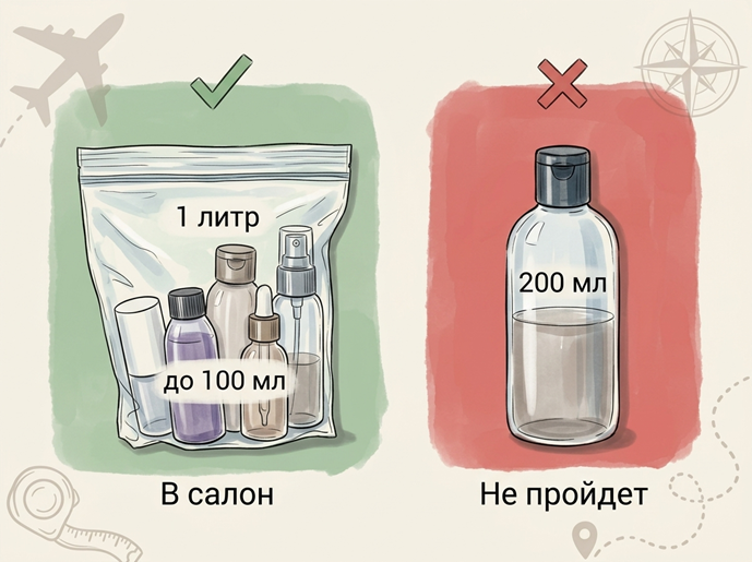 Схема пакета и флаконов для досмотра Прозрачный пакет на 1 литр и флаконы для ручной клади в самолете