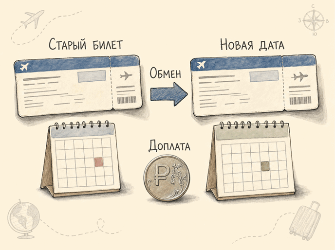 Как меняется дата вылета Схема показывает обмен авиабилета и доплату за новый авиабилет