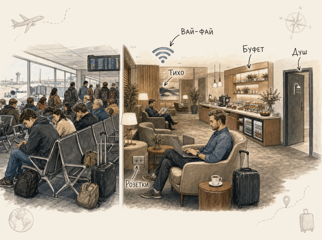 Территория с вай-фай (Wi-Fi), розетками, буфетом, тихой зоной и душем в бизнес-зале аэропорта