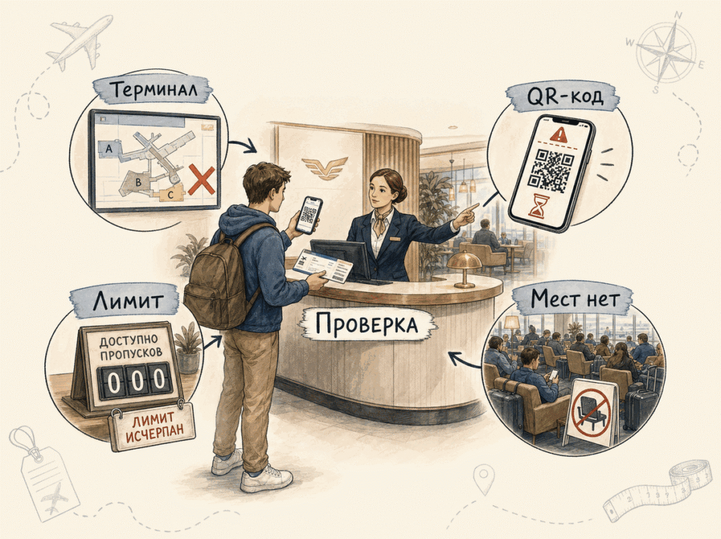 Схема зоны, лимита, QR-кода и заполненности перед проходом в бизнес-зал