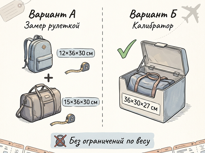Как выбрать подходящий вариант провоза вещей без доплаты Варианты бесплатной ручной клади «Победы» — замер рулеткой и калибратор 36×30×27