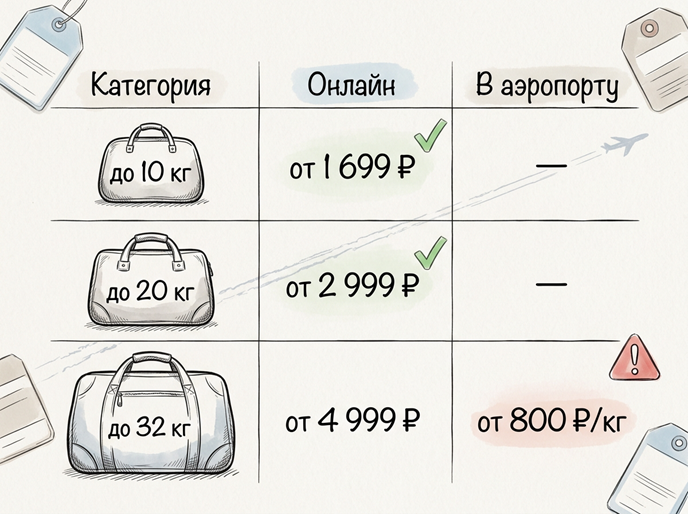 Сколько можно сэкономить при покупке багажа заранее Весовые категории регистрируемого багажа «Победы» и цены онлайн и в аэропорту