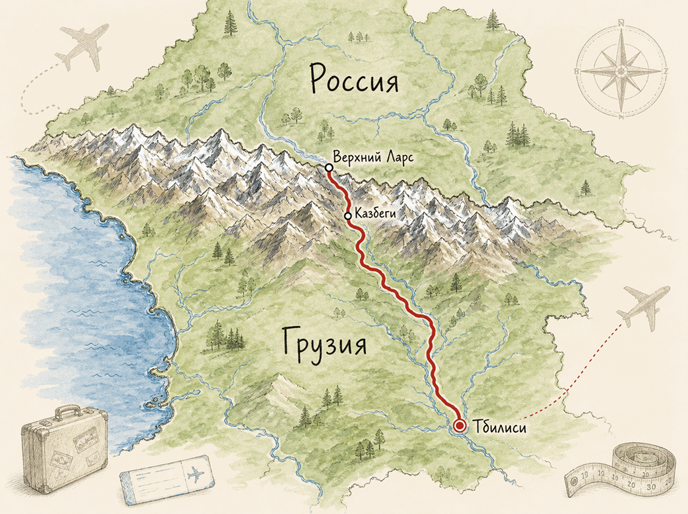 Маршрут Россия — Грузия через горный переход Рисованная карта России, Грузии, Тбилиси, Верхнего Ларса и дороги через Кавказ