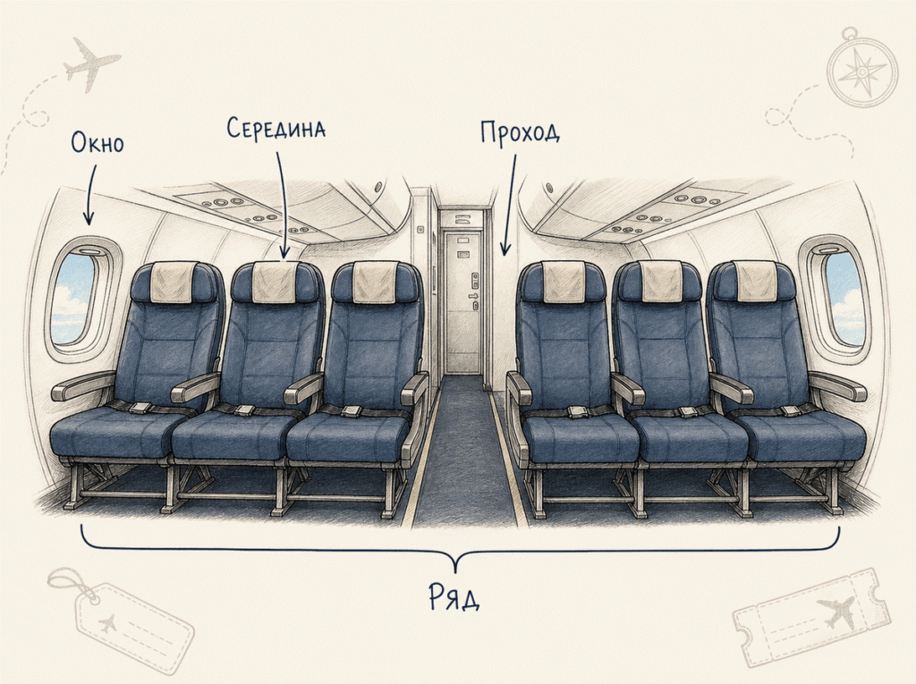 Сиденья у стенки, в середине и возле прохода
