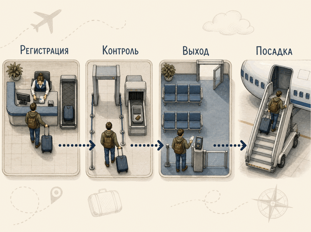 Схема предполетных этапов перед посадкой на самолет