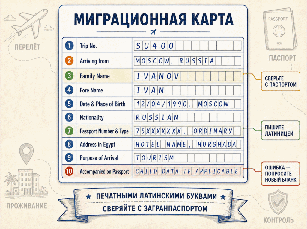 Образец полей миграционной карты Египта для туриста