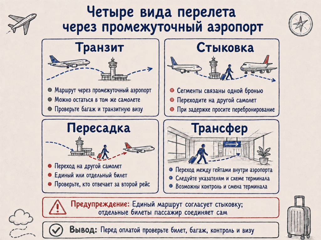 Четыре вида перелета через промежуточный аэропорт Транзитный маршрут, стыковка, пересадка и трансфер на схеме