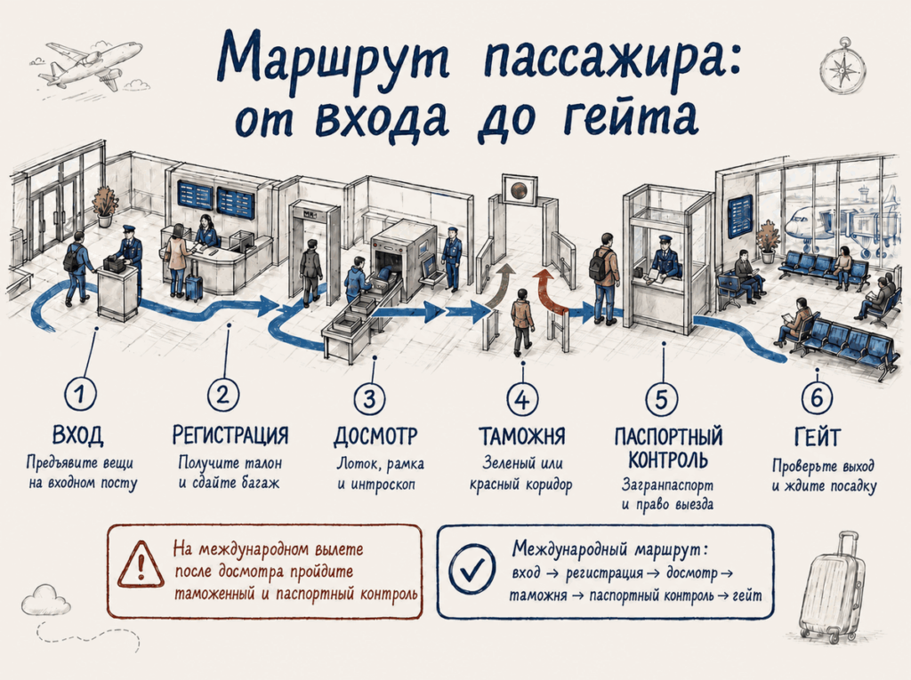Схема прохода от входа до выхода на посадку (гейта) Маршрут пассажира по терминалу от входа до посадки