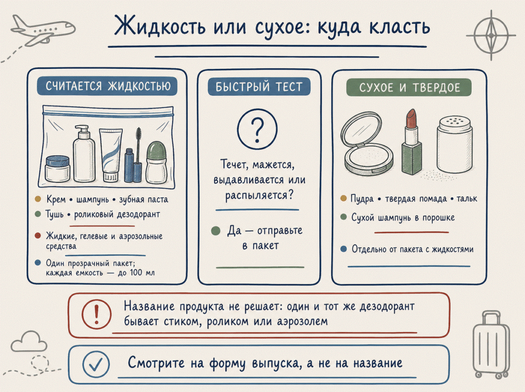 Крем, шампунь и паста в прозрачном пакете, пудра и помада-стик отдельно