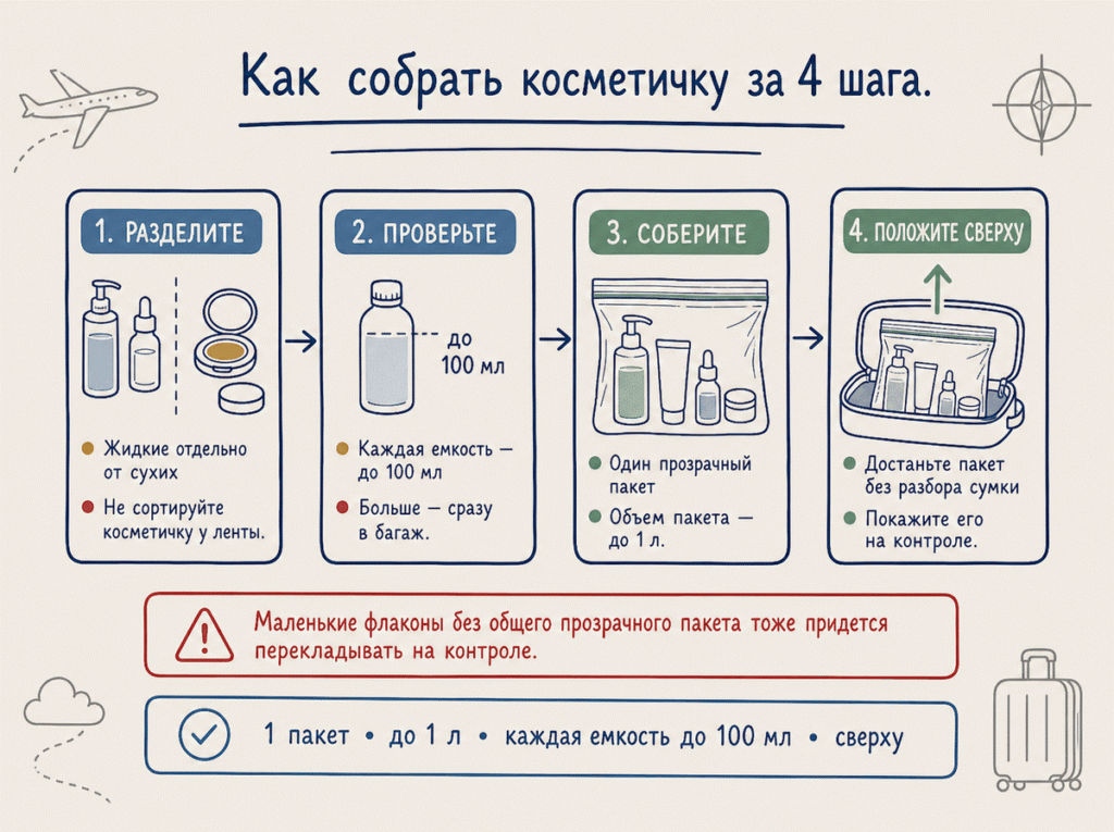 Этапы упаковки жидкостей: разделить, проверить объем, подготовить один пакет и положить его сверху