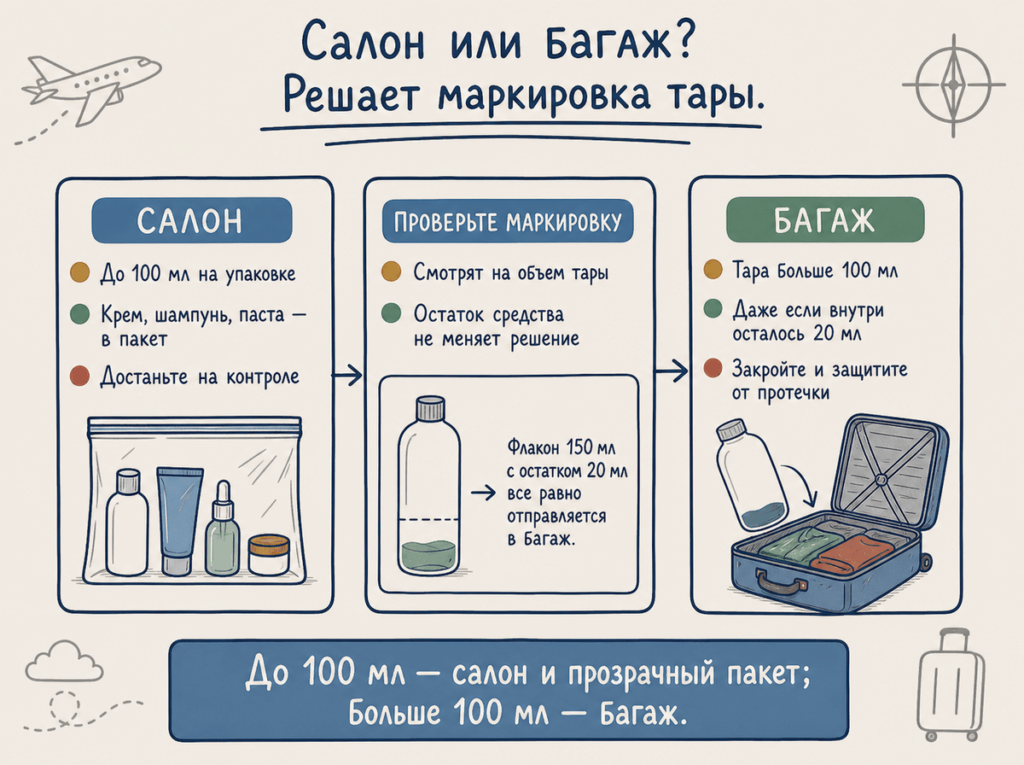 Крем, шампунь и паста до 100 мл в салон, полноразмерная тара в багаж