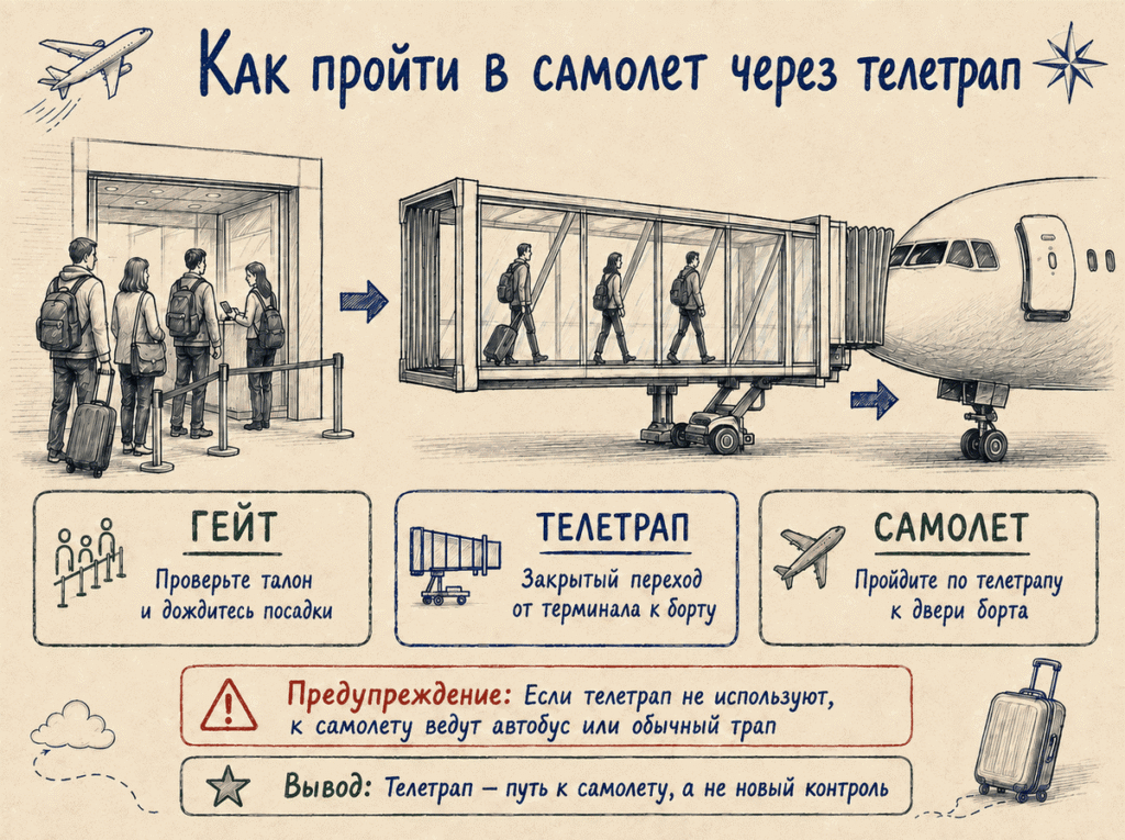 Посадка в самолет через телетрап Посадка через телетрап от выхода на посадку (гейта) к самолету