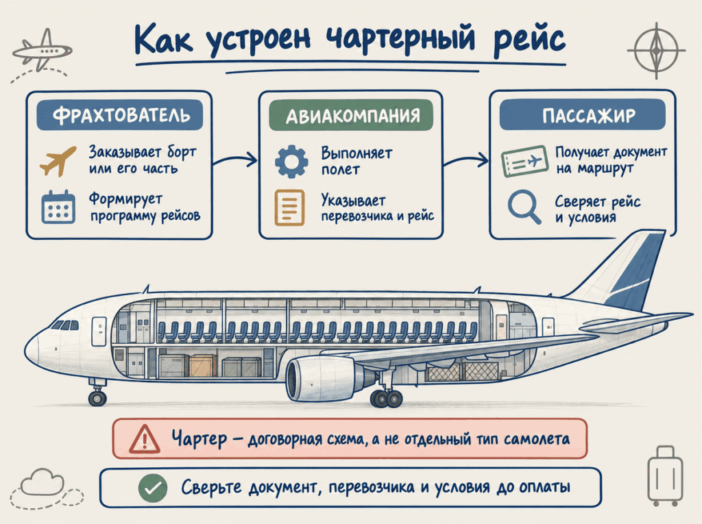 Как устроен чартерный рейс Фрахтователь заказывает места, авиакомпания выполняет полет, а пассажир получает документ о перевозке.