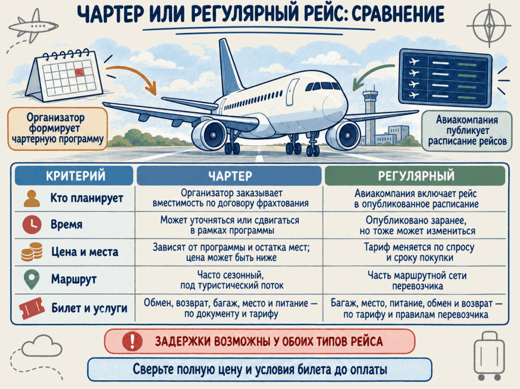 Чартерный и регулярный рейс: сравнение Критерии сравнения чартерной и регулярной схем: стоимость, багаж, возврат, уведомления об изменениях.