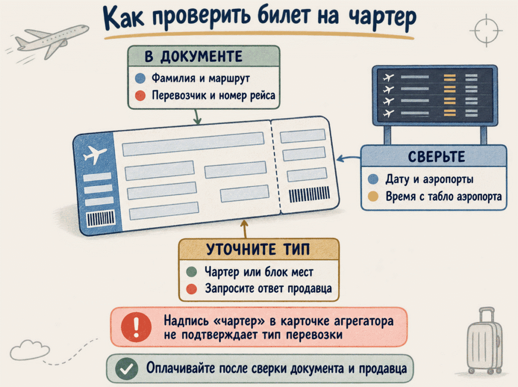 Проверка авиабилета сезонного авиаперелета В памятке перечислены данные чартерного билета, которые нужно сверить с табло аэропорта перед оплатой.