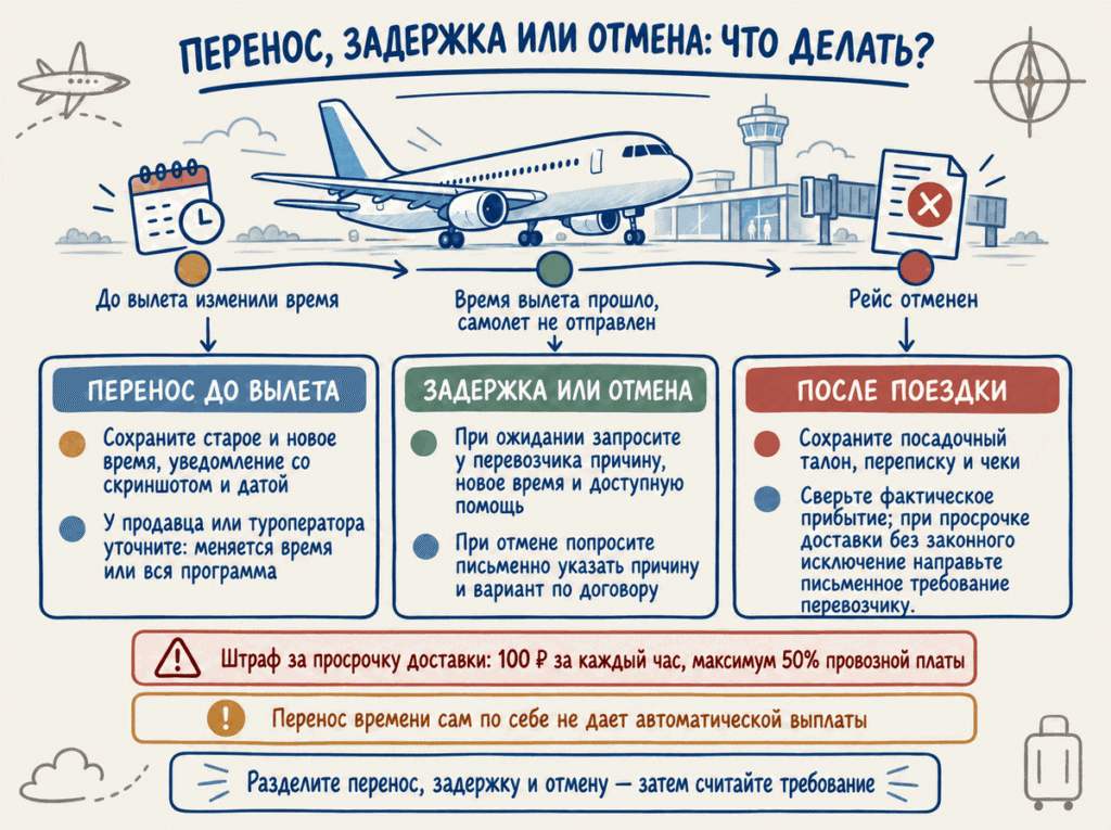Перенос отправления и права пассажира Схема разделяет перенос сезонного отправления и фактическую задержку, показывает документы для фиксации и условия расчета штрафа.