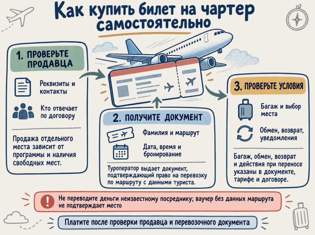 Самостоятельная покупка чартерной перевозки Пошаговая памятка помогает проверить продавца и условия чартерного билета до оплаты.